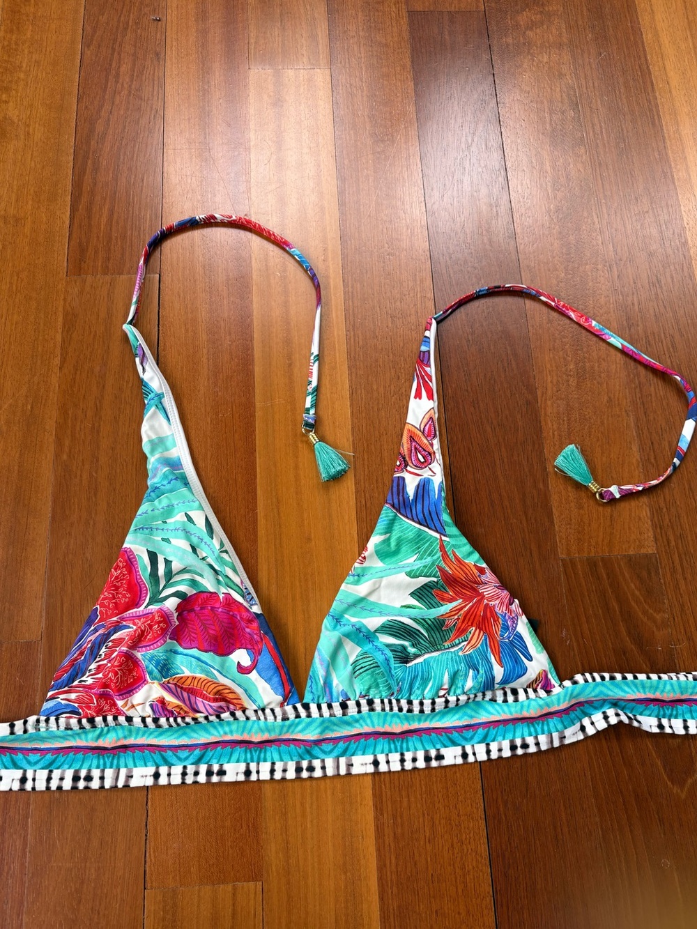 La Blanca tropical  bikini top with teal tassels and striped black and white tie